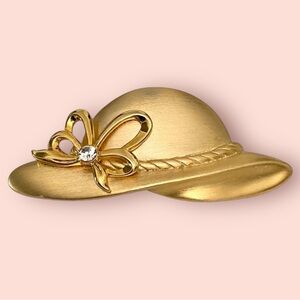 3/$10 Brooch 2.5” Hat w/ Bow & Rhinestone Gold Color